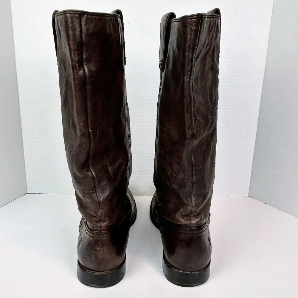 Frye Anna Pull On Riding Boots Full Leather Under the Knee High Dark Brown sz 9